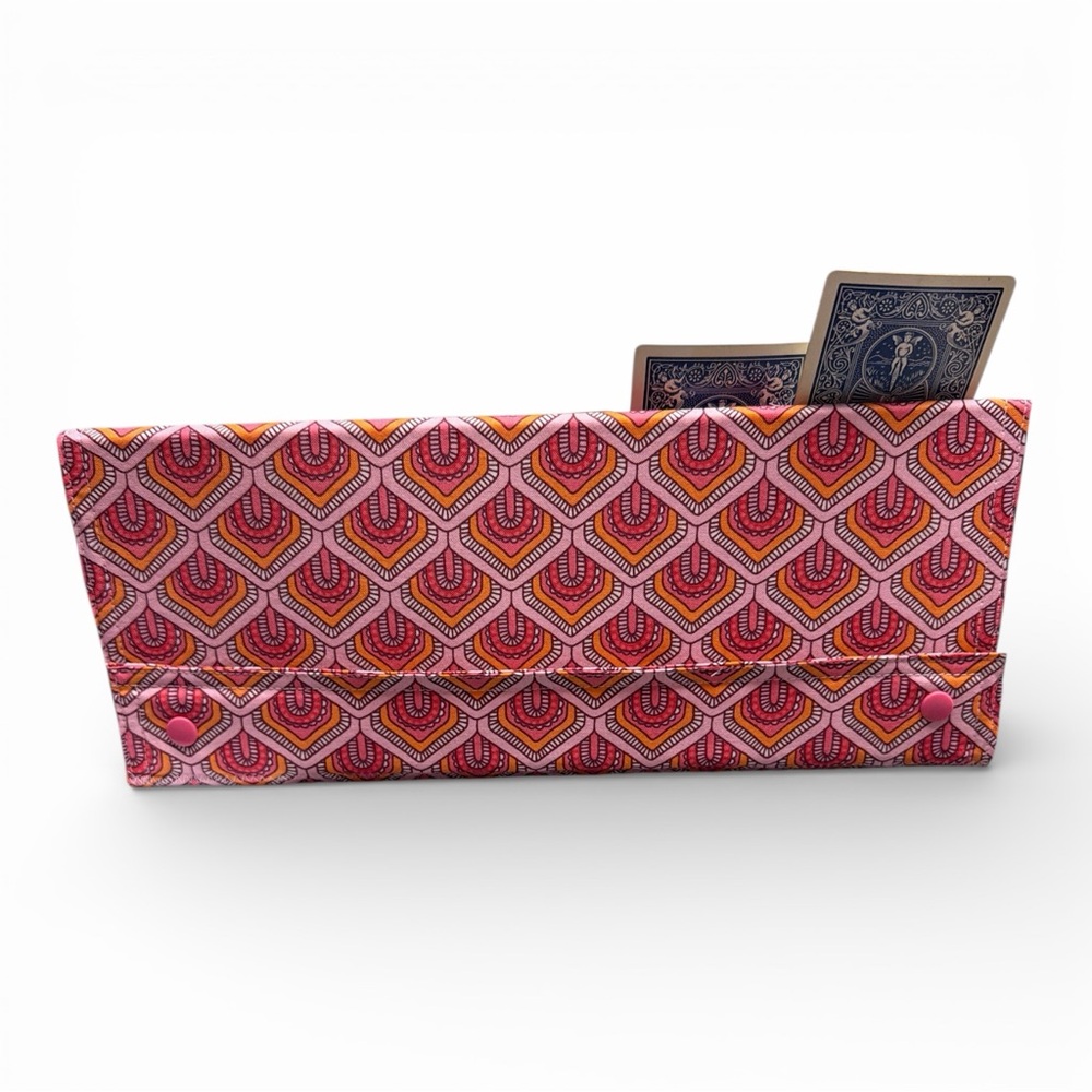Hand Crafted Fabric Playing Card Holder 5 Pockets with Snap Closure 10.5” Pink - Picture 3 of 9
